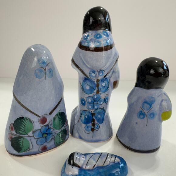 Tonala Mexican Pottery Nativity Blue 4 Piece Set Christmas Holy Family - Picture 6 of 13